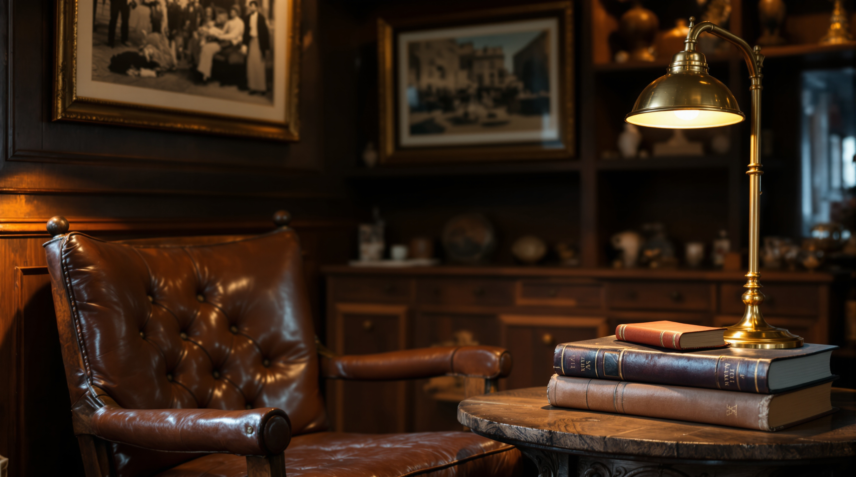 A cozy corner of the Antique Center of Gettysburg with antique books and a lamp