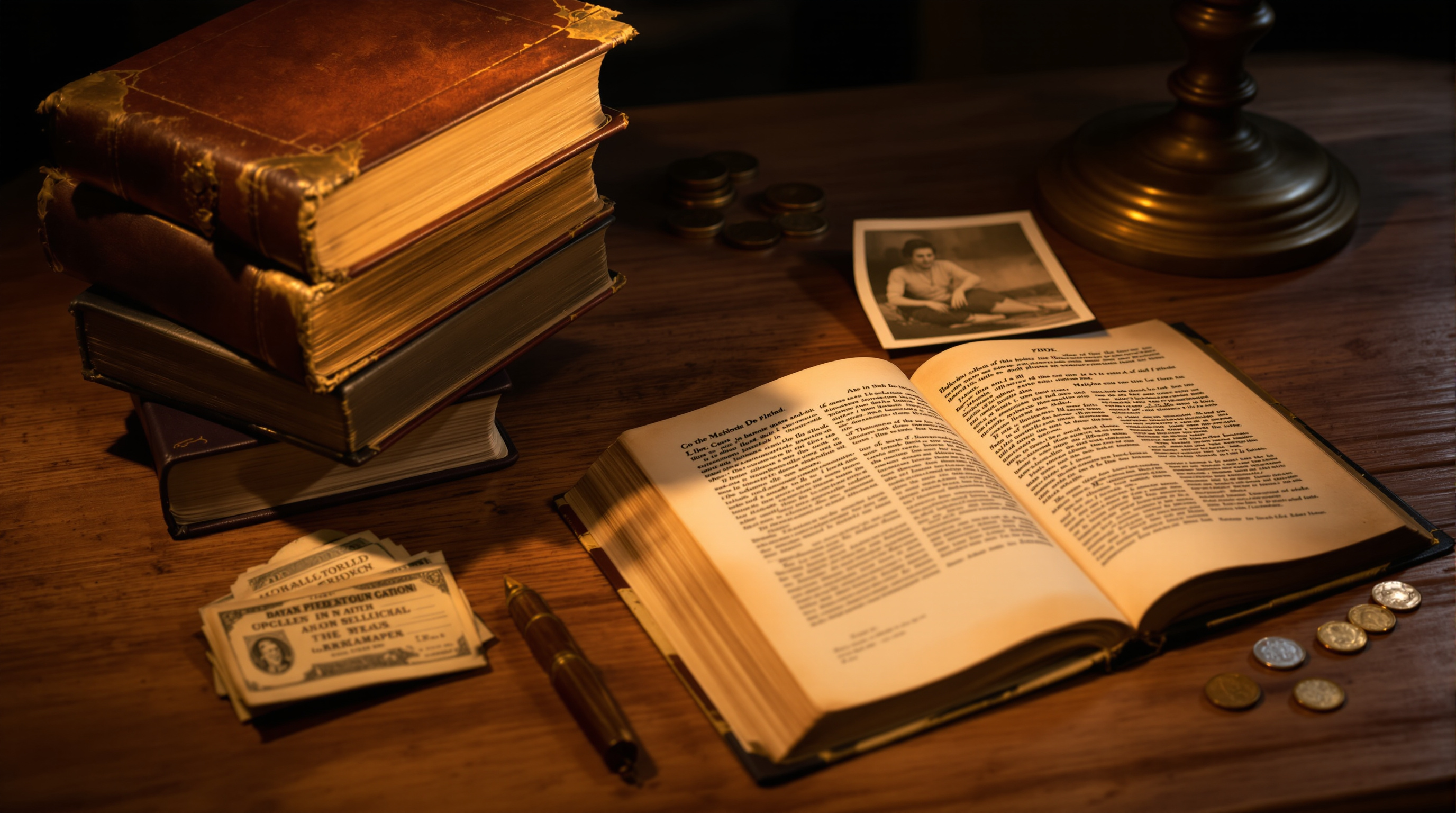 Antiquarian books, old coins and historical paper on a wooden desk