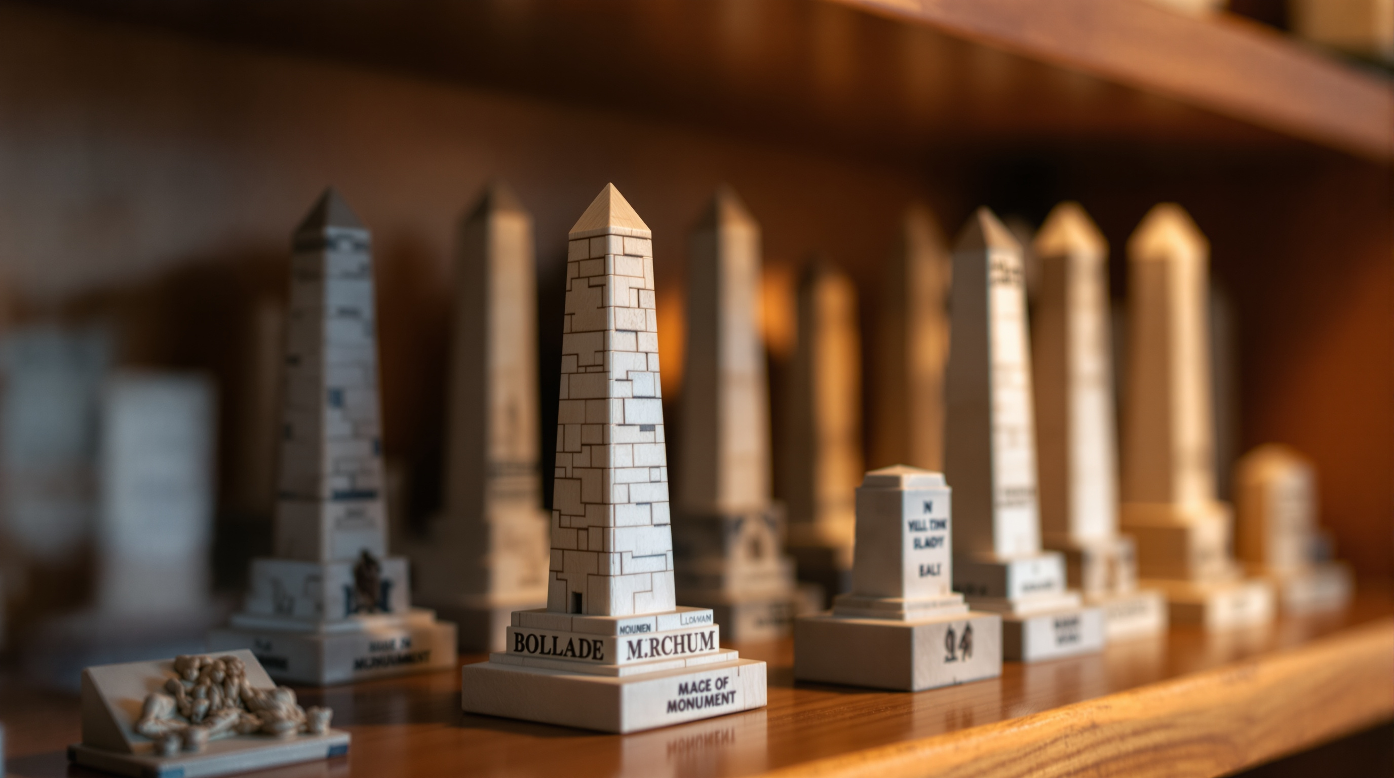 Miniature commemorative battlefield monument collectibles on a wooden shelf