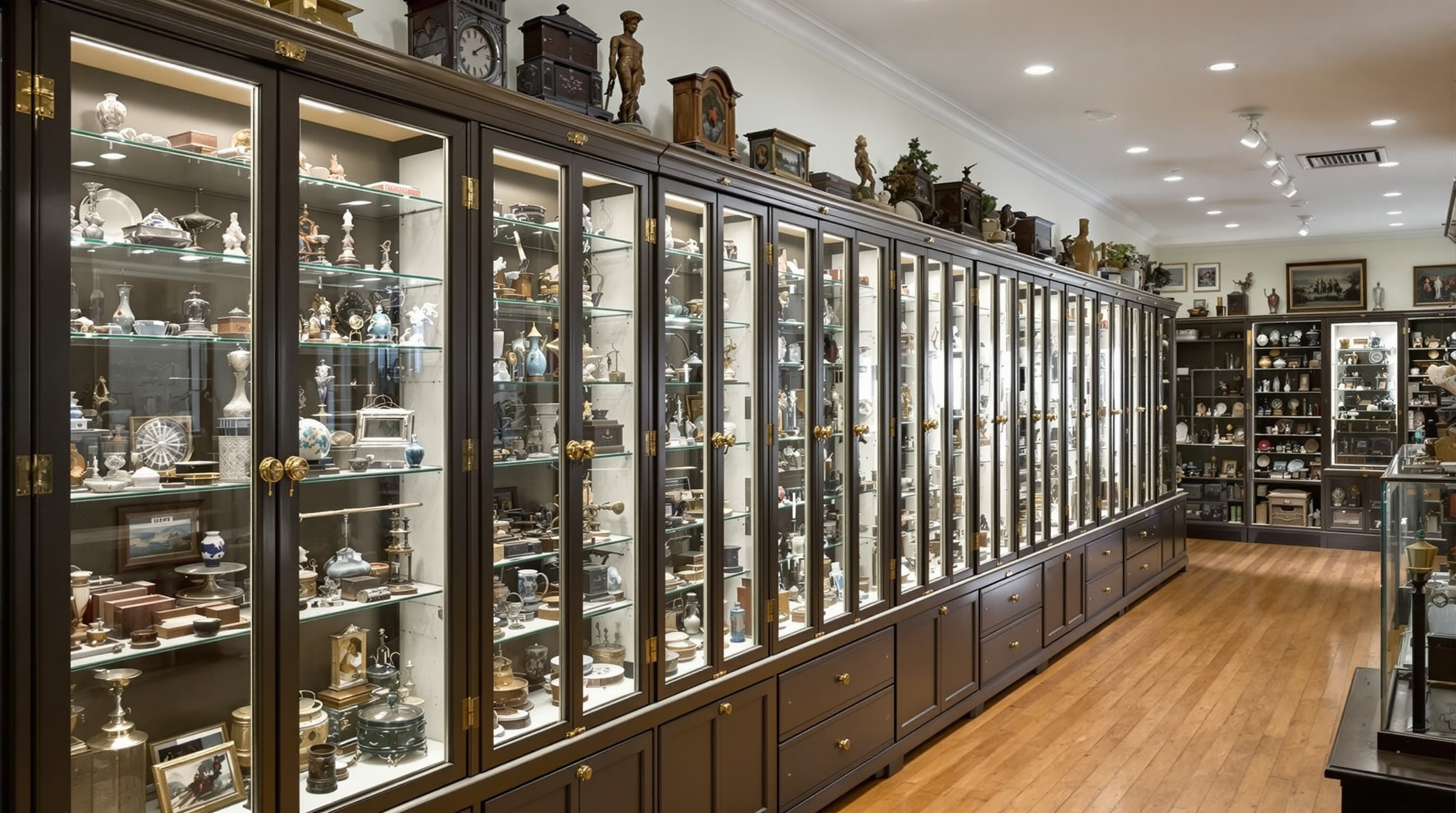 Lighted locked glass showcases available to dealers at the Antique Center of Gettysburg