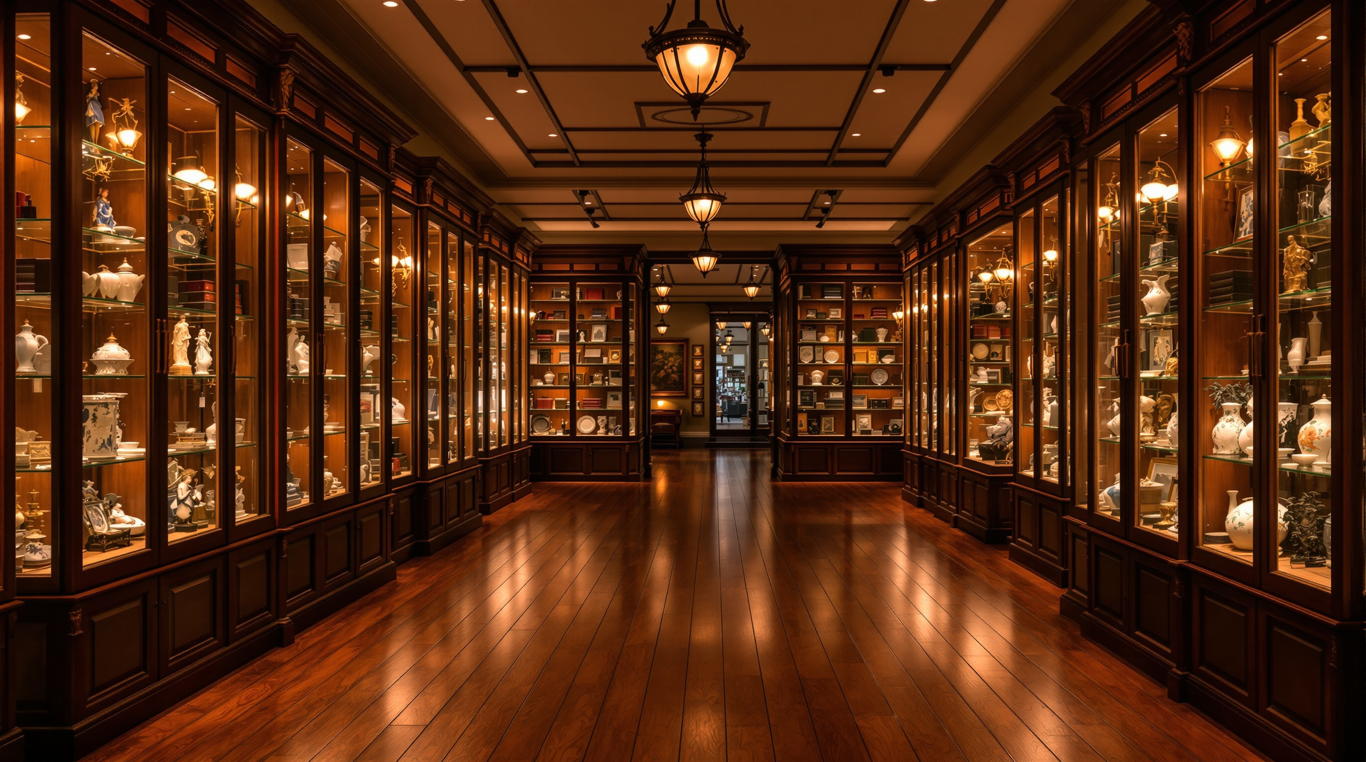 Interior of the Antique Center of Gettysburg showing illuminated display cases