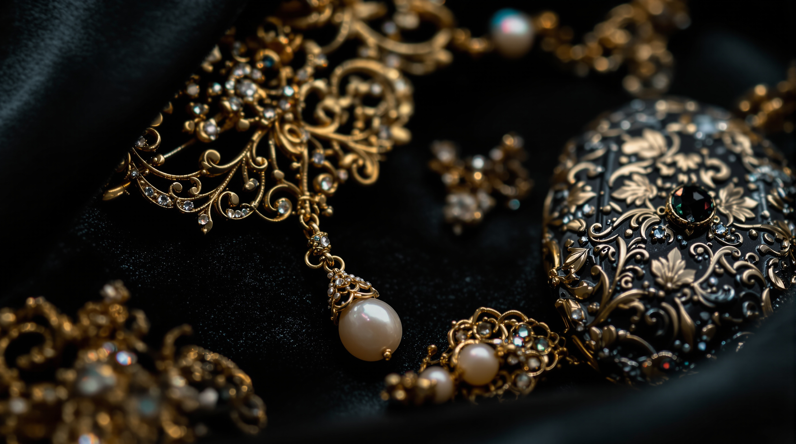 Antique Victorian jewelry including a brooch, pendant and locket on velvet