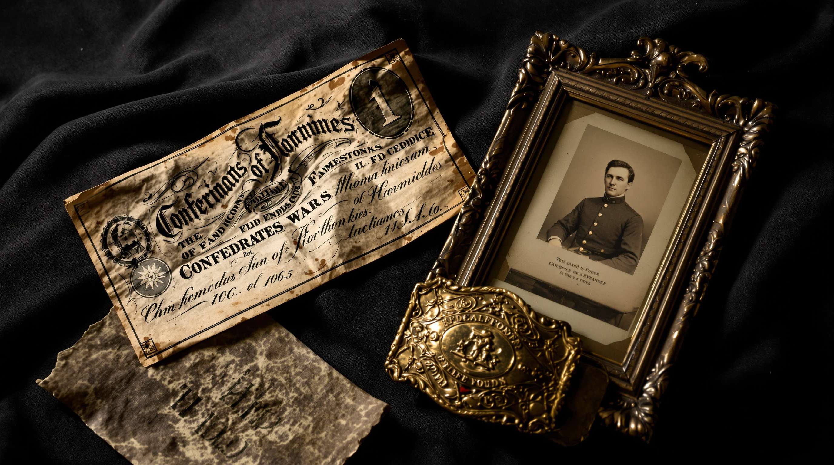 Civil War military antiques including Confederate currency and a belt plate